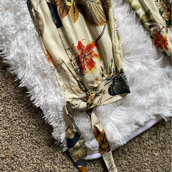 Tropical Hawaiian Floral Pants Jumpsuit Slit Legs Tie Ankle Elastic Waist Thin - Picture 7 of 10